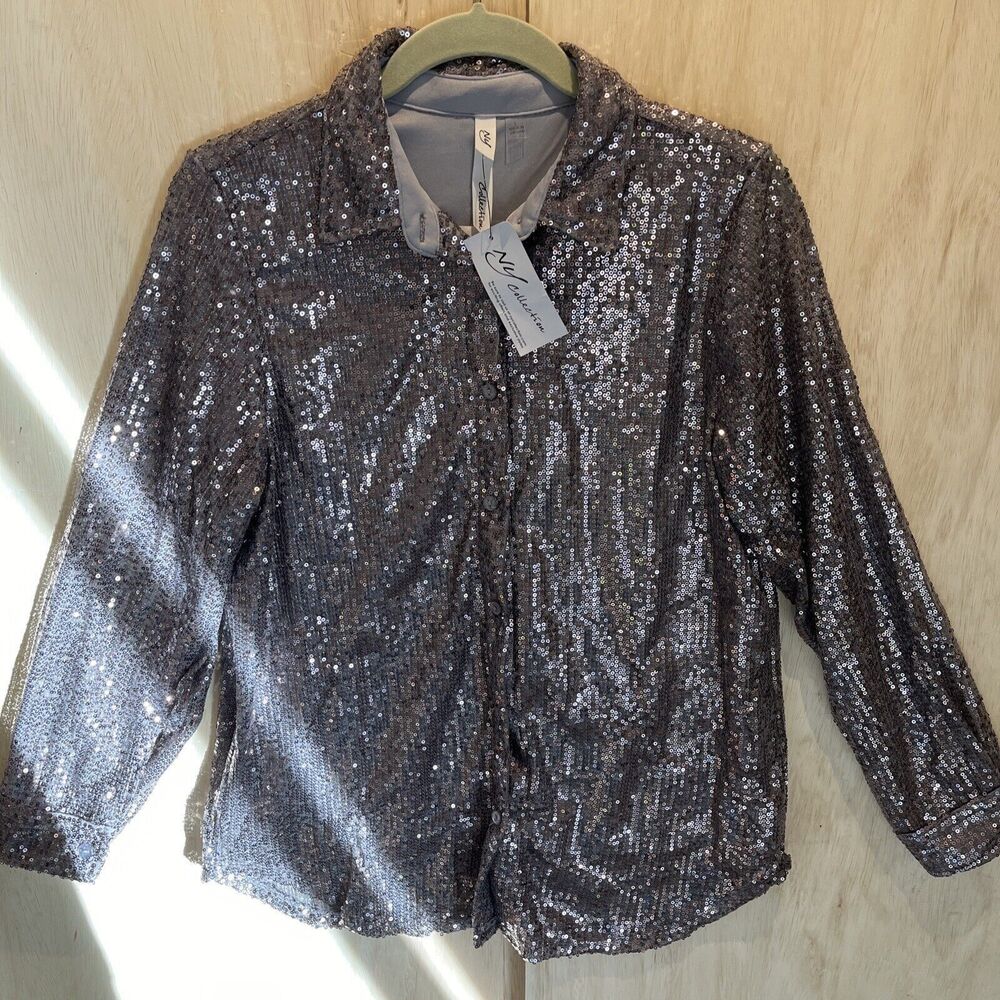 NY Collection Womens glitter sequence party metallic blouse shirt top size Large